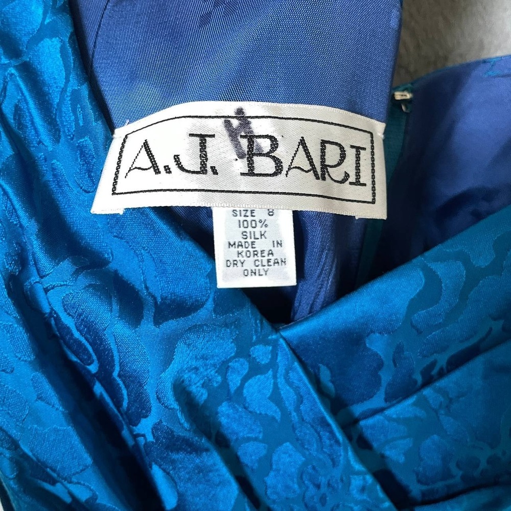 Vintage AJ Bari 100% Silk Teal Floral Ruched Ruffle Sleeve Cocktail Dress Size 8 - Picture 11 of 13